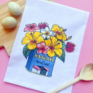 Hawaii Hibiscus Flour Sack Tea Towel / Hawaii Spam Musubi Tea Towel / Hawaii State Flower Souvenir /