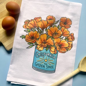Paño de cocina de saco de harina con amapolas de California / Regalo para anfitriona con la flor del estado / Souvenir de California / Paño de cocina floral de inspiración vintage