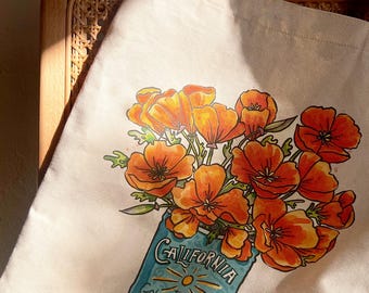 California Poppies Tote Bag / Poppy Cotton Canvas Tote Bag / California Gift Grocery Book Bag