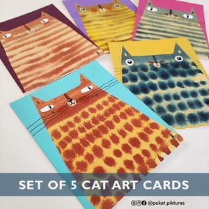 Cartes de voeux chat peintes à la main – Lot de 5 | Mini oeuvre d'art féline | Papeterie chat fantaisiste 4 x 5 po | Tableau Petit Chat | Cadeau mignon pour les amoureux des chats