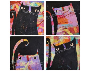 Set von VIER Katzen Originalgemälde Schwarze Katze Bunte Kunst