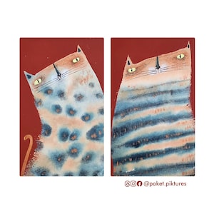Arte felino caprichoso - Pintura original de gato atigrado para decoración de pared - Lindo set de regalo para amantes de los gatos - Postales de 5x7 pintadas a mano - Arte felino