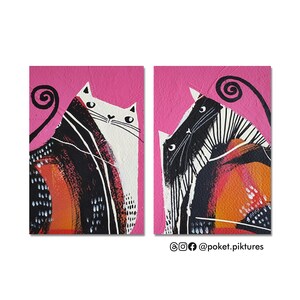 Art de chat, peinture acrylique originale, ensemble cadeau de chats roses fantaisistes, décoration d'intérieur moderne, galerie d'art murale, illustration de cartes postales colorées