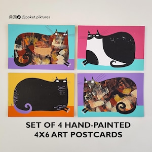 Tarjetas de arte de gatos pintadas a mano: juego de 4 postales / Mini arte de gatos / Ilustraciones caprichosas de gatos de 10 x 15 cm / Pintura de gatos pequeños / Un regalo encantador para los amantes de los gatos