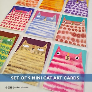 Cartes d'art chat – Lot de 9 | Mini oeuvre d'art féline | Papeterie chat fantaisiste | Tableau Petit Chat | Cadeau mignon pour amoureux des chats | Art arc-en-ciel miniature