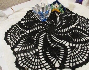 Crochet Black Swirl Table Topper; Crocheted Swirl Table Topper in Black Thread; Crochet Black Swirl Doily; Crochet Black Swirl Table Runner