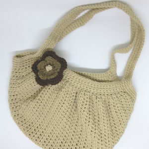 Crochet Tan Fat Bottom Bag with Brown Flower Crocheted Beige Fat Bottom Bag and Brown Flower Handmade Tan Over the Shoulder Fat Bottom Bag image 1