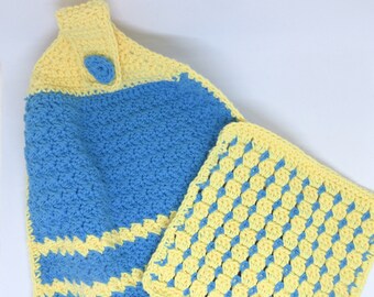 Crochet Turquoise & Yellow Hanging Dishtowel/Dishcloth Set; Crocheted 2-piece Blue and Yellow Hanging Dishtowel and Dishcloth Set