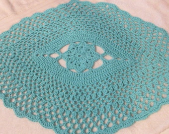 Crochet Turquoise Table Topper; Crocheted Turquoise Table Top Doily; Crochet Turquoise Table Runner