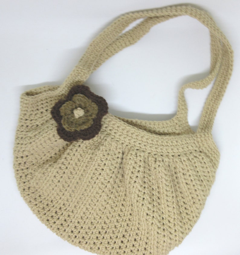 Crochet Tan Fat Bottom Bag with Brown Flower Crocheted Beige Fat Bottom Bag and Brown Flower Handmade Tan Over the Shoulder Fat Bottom Bag image 1