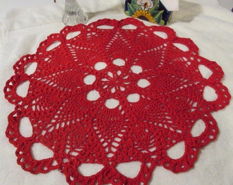Crochet Red Pineapple Doily; Crocheted Red Pineapple Thread Table Topper; Crocheted Red Doily Table Decor