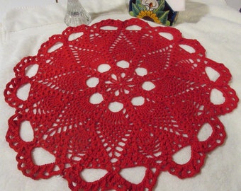 Crochet Red Pineapple Doily Table Topper; Crocheted Red Pineapple Thread Table Topper; Crocheted Red Doily Table Decor