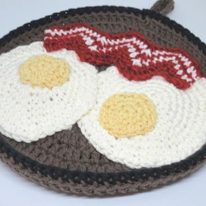 Crochet Bacon and Eggs Potholder/Hotpad; Crochet Over-Easy Eggs and Bacon Hotpad & Potholder; Crocheted Skillet with Bacon and Eggs Hotpad