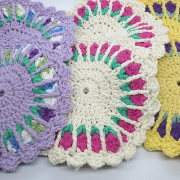 Crochet Vintage Style Garden Hotpad Sets w/Roses in Yellow, Cream & Lavendar; Crocheted Hotpad/Potholder Sets in Cream, Lavendar and Yellow