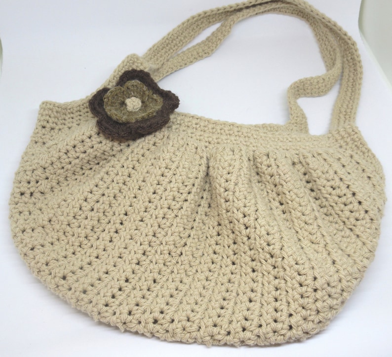 Crochet Tan Fat Bottom Bag with Brown Flower Crocheted Beige Fat Bottom Bag and Brown Flower Handmade Tan Over the Shoulder Fat Bottom Bag image 3