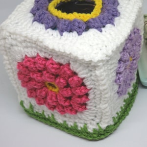 Crochet Dahlias Tissue Cube Cover; Crocheted Pink and Purple Flowers Tissue Cube Cover; Handmade Dahlia Tissue Cube Cover