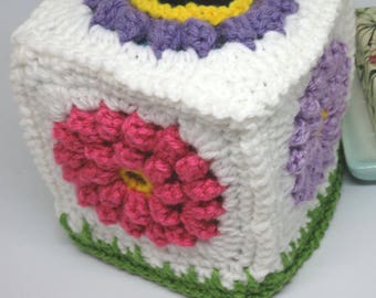 Crochet Dahlias Tissue Cube Cover; Crocheted Pink and Purple Flowers Tissue Cube Cover; Handmade Dahlia Tissue Cube Cover