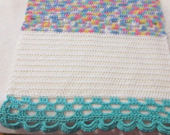 Crochet Springtime Table Runner; Crocheted Multicolored Table Runner; Crocheted Turquoise White & Multicolored Table Runner