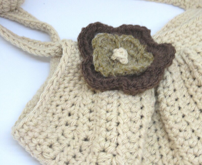 Crochet Tan Fat Bottom Bag with Brown Flower Crocheted Beige Fat Bottom Bag and Brown Flower Handmade Tan Over the Shoulder Fat Bottom Bag image 6