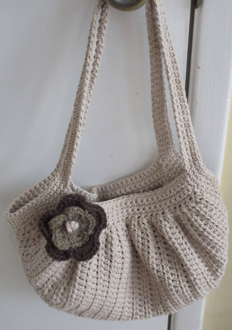 Crochet Tan Fat Bottom Bag with Brown Flower Crocheted Beige Fat Bottom Bag and Brown Flower Handmade Tan Over the Shoulder Fat Bottom Bag image 2