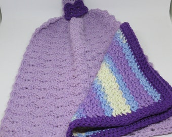 Crochet 2-piece Lilac and Blue Hanging Dishtowel and Dishcloth; Crocheted Purple Blue & White Dishtowel and Dishcloth Set