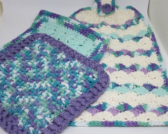 Crochet Seafoam Green 3-Pc Dishtowel & Dishcloth Set; Crocheted Seafoam and Purple 3-Pc Hanging Dishtowel and Dishcloth Set