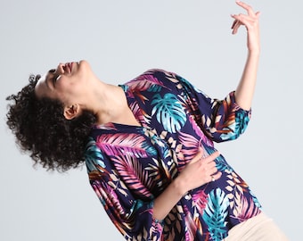 Handmade Linen Palm Print Shirt: Boho Chic Button-Down Blouse