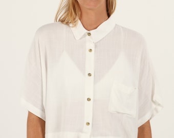Women Collar Top | Women White Linen Work Tops | Women Office Blouse Shirts | Women Casual Loose Shirts | Women Fashion Blouse Tops
