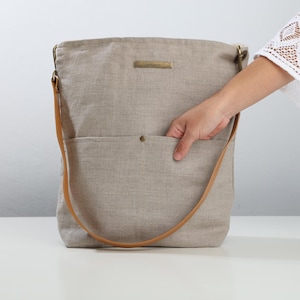 LINEN HOBO TOTE - Handgefertigte Naturleinentasche mit Ledergriffen - Öko-Umhängetasche für den Alltag