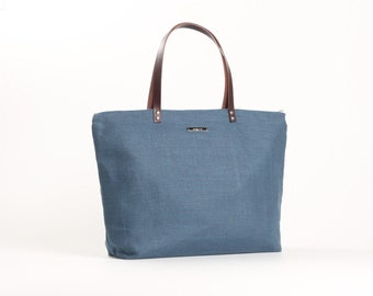 LINEN TOTE BAG | Women Blue Linen Bag | Women Linen Bucket Bag | Eco Friendly Bag | Inner Beige Linen Bag | Linen Summer Bag