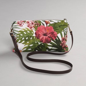 Tropical shoulder bag, palms Canvas Bag, Handmade Purse, summer Purse, Leather Strap, Lagut, flowers design bag, tropical clutch, woman bag