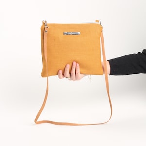 LINEN Crossbody Bag – Handmade Yellow Linen Purse with Leather Strap – Small Lightweight Shoulder Bag