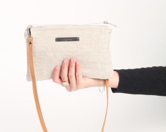 BEIGE LINEN BAG | Linen Clutch Bag | Women Casual Purse | Women Cross body and Shoulder Bag | Leather Strap Bag | Natural Linen Bag