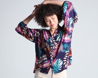 Palm Tree LEAVES Printed Natural LINEN Top SHIRT – Hawaiian Tropical Work Top Shirts For Women - Linen Top - Linen Shirt - Lagut