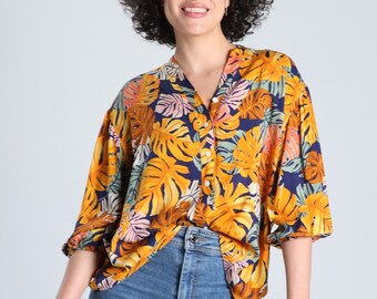 WOMEN HAWAIIAN SHIRT | Leaf Printed Shirt | Women Beach Resort Blouse | Women V Neck Blouse | Casual and Short Sleeve Top | Button Up Shirt