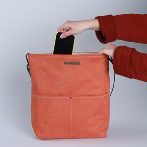 Orange Bucket BAG - Suede-look tote with leather strap, pockets, handmade daily bag