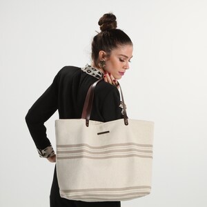 Handmade Striped Canvas Tote Bag: Large Beach Bag with Leather Handles