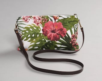 Tropical shoulder bag, palms Canvas Bag, Handmade Purse, summer Purse, Leather Strap, Lagut, flowers design bag, tropical clutch, woman bag