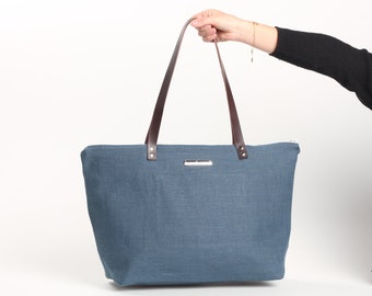Handmade Blue Linen Tote Bag: Leather Handles, Eco-Friendly Purse