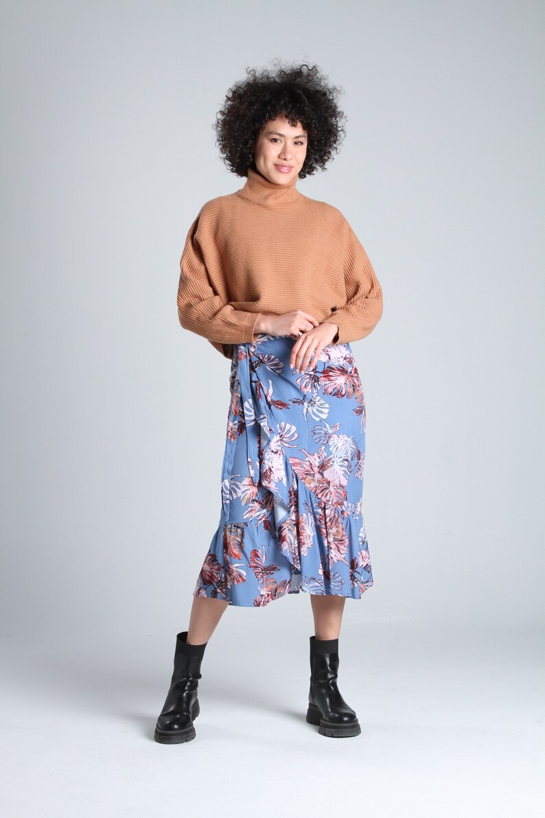 FLORAL MIDI SKIRT Blue Floral Wrap Midi Skirt Women Summer Beach Skirt Casual and High Waist Skirt Date Night Skirt Lagut image 7