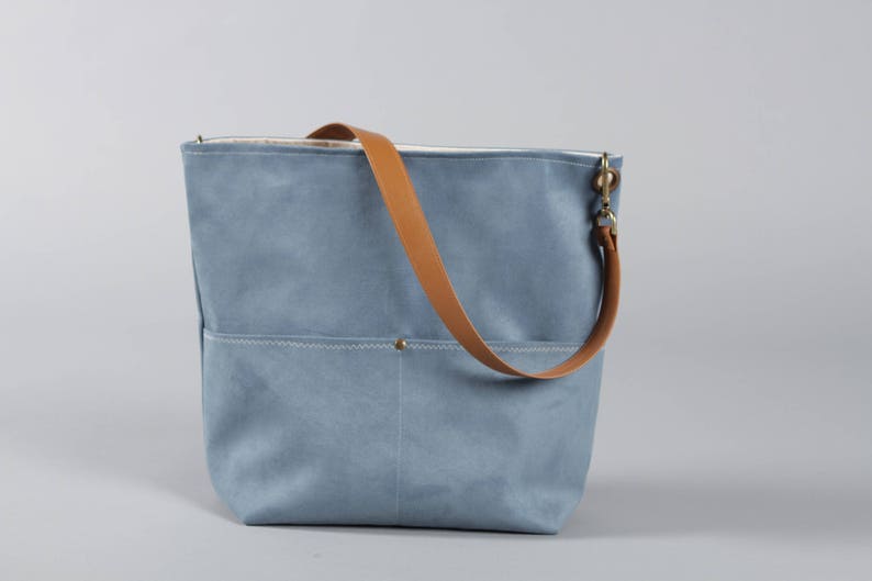 Blue Canvas Tote Bag, Bucket Bag, Blue Bag, shopping bag, Casual Tote Bag, Handbag, Leather strap, Blue bucket bag, Lagut, Weekend Bag, bags image 6