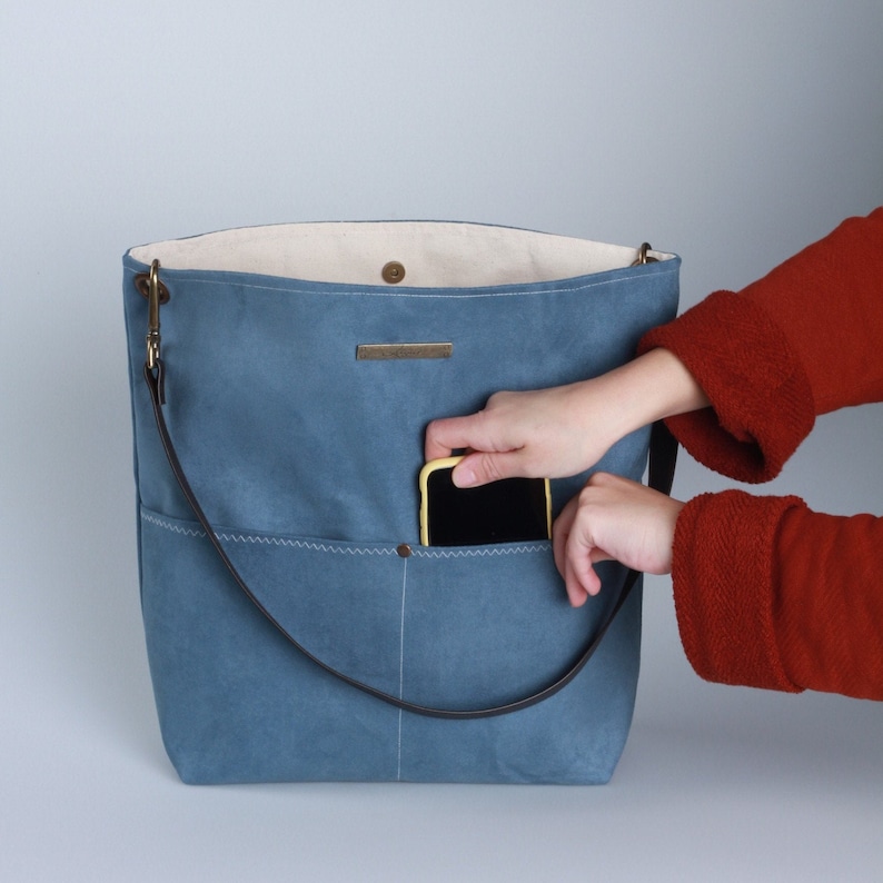 Blue Canvas Tote Bag, Bucket Bag, Blue Bag, shopping bag, Casual Tote Bag, Handbag, Leather strap, Blue bucket bag, Lagut, Weekend Bag, bags image 1