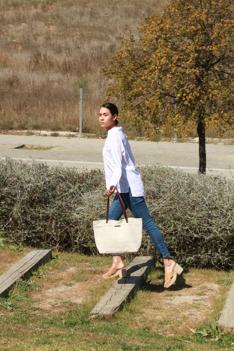 Eco Friendly Natural LINEN Tote BAG With LEATHER Strap Handle Large Natural Beige Inside Pocket Purse, classic tote bag, Lagut, handmade image 9