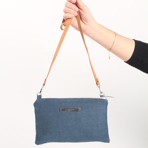 BLUE Linen Crossbody Bag – Handmade Small Linen Purse with Leather Strap – Everyday Lightweight Shoulder Bag