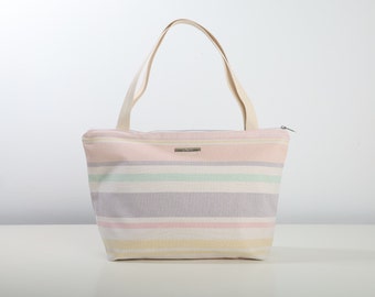 Pastel Striped Canvas Tote Bag: Lightweight, Spacious, and Perfect for Summer Travel, Large canvas bag; Striped bag, Large shoulder bag