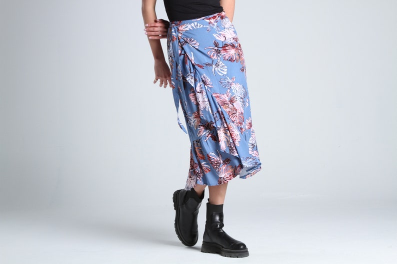 FLORAL MIDI SKIRT Blue Floral Wrap Midi Skirt Women Summer Beach Skirt Casual and High Waist Skirt Date Night Skirt Lagut image 3