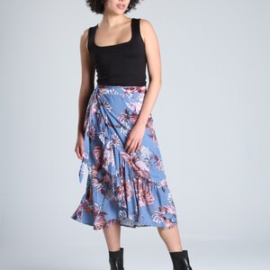 FLORAL MIDI SKIRT Blue Floral Wrap Midi Skirt Women Summer Beach Skirt Casual and High Waist Skirt Date Night Skirt Lagut image 2