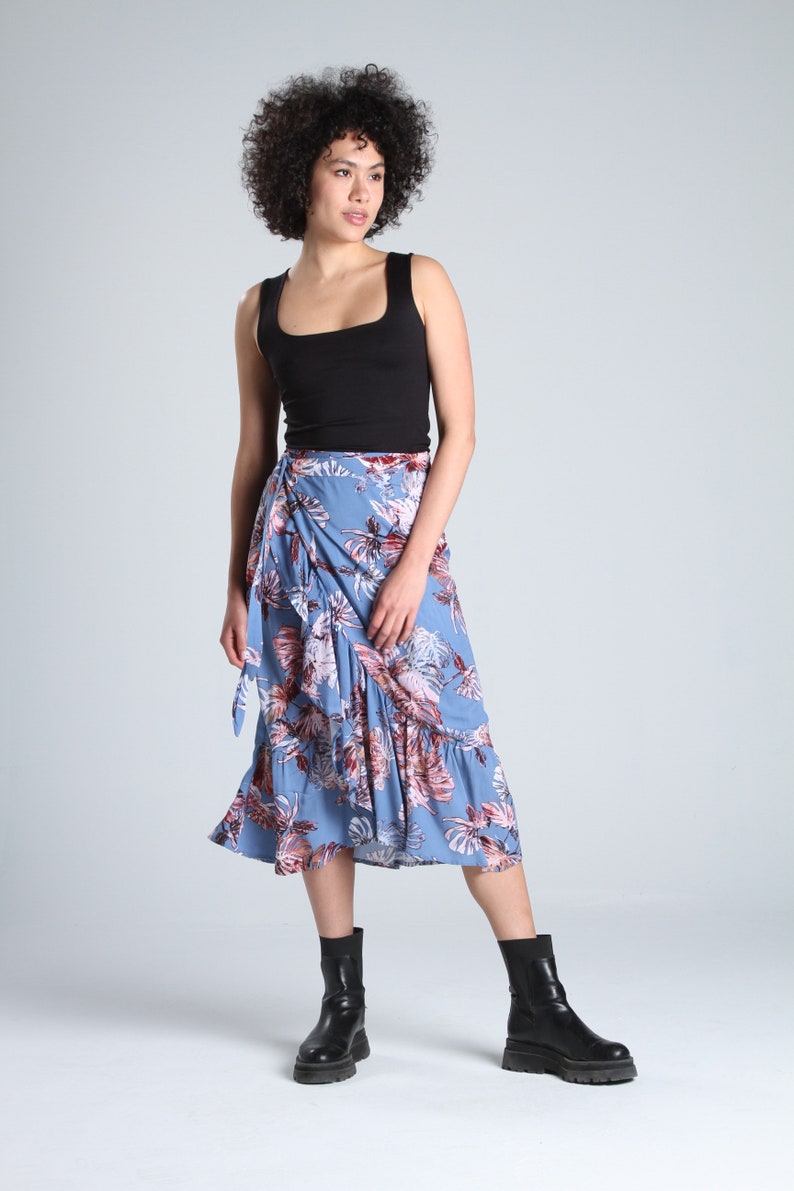 FLORAL MIDI SKIRT Blue Floral Wrap Midi Skirt Women Summer Beach Skirt Casual and High Waist Skirt Date Night Skirt Lagut image 2