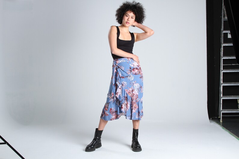 FLORAL MIDI SKIRT Blue Floral Wrap Midi Skirt Women Summer Beach Skirt Casual and High Waist Skirt Date Night Skirt Lagut image 4