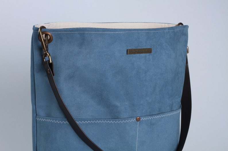 Blue Canvas Tote Bag, Bucket Bag, Blue Bag, shopping bag, Casual Tote Bag, Handbag, Leather strap, Blue bucket bag, Lagut, Weekend Bag, bags image 4